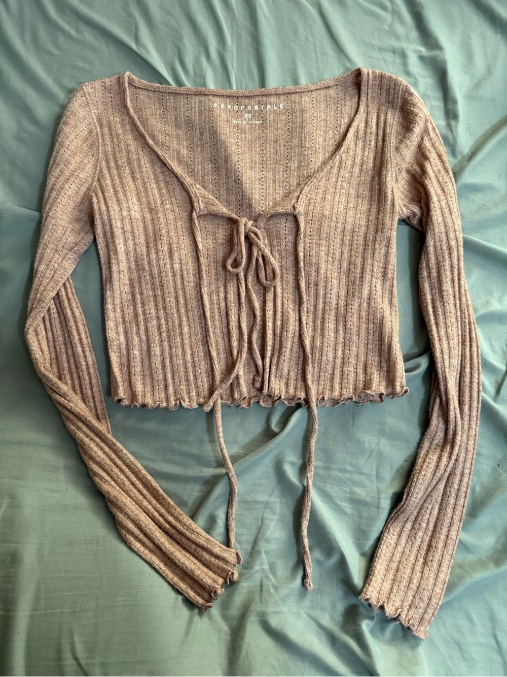 Aeropostale Taupe Ribbed Tie-Front Long Sleeve Top